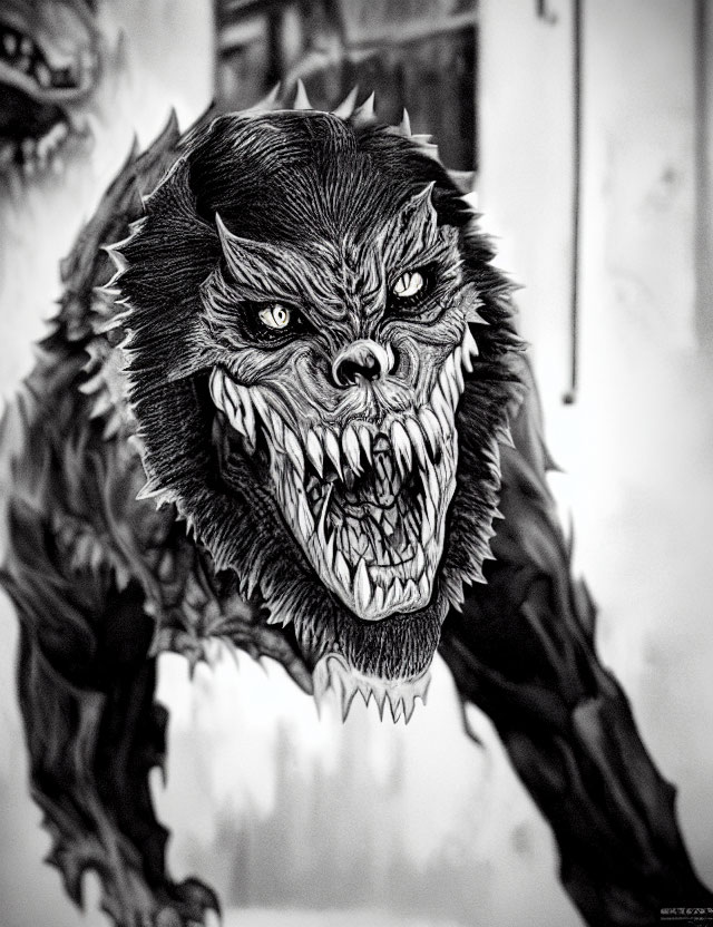 Monochrome drawing of fierce wolf with sharp teeth & intense gaze