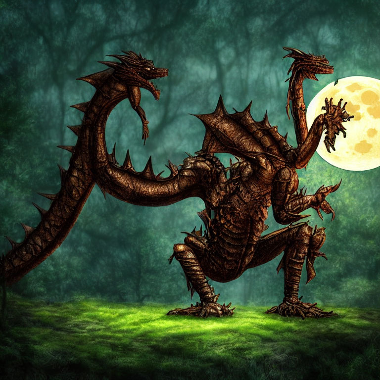 Menacing multi-headed dragon in misty forest under full moon