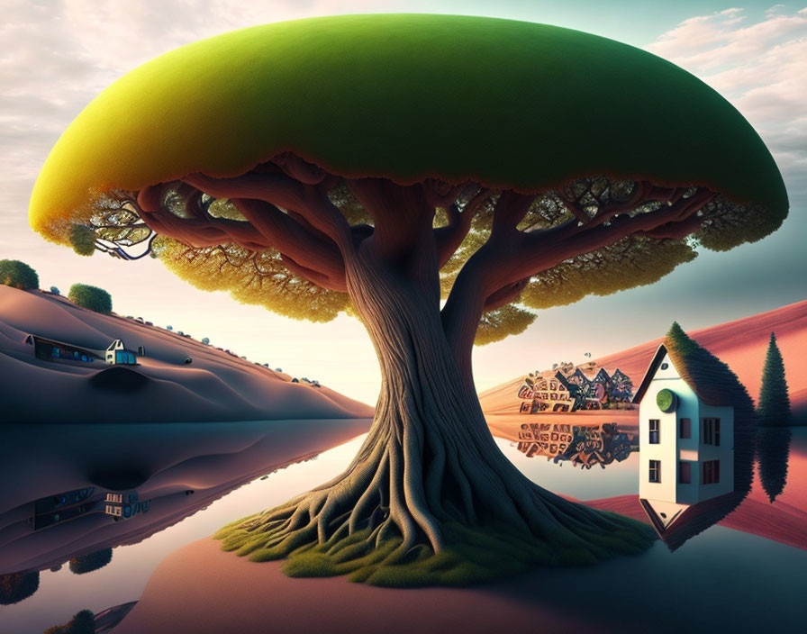 Surrealist landscape with large mushroom-like tree and submerged house by reflective water