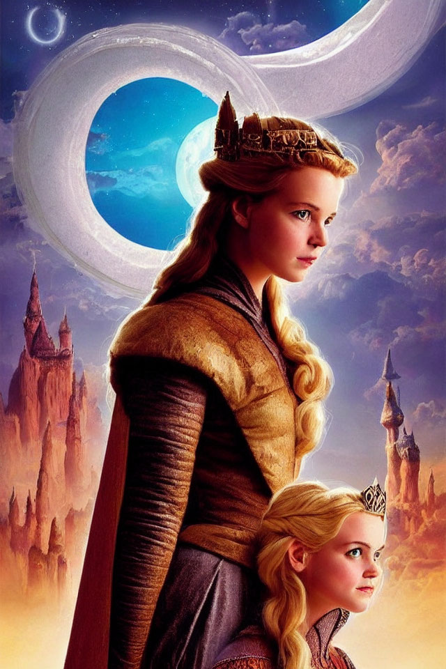 Royalty themed artwork featuring woman and girl with crowns, castle, and crescent moon.