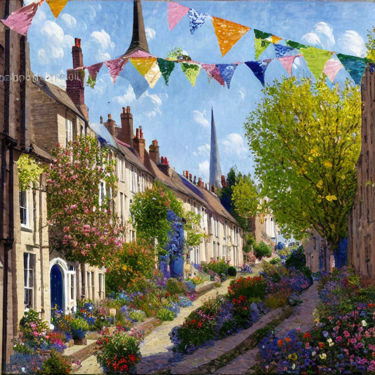 Vibrant painting of quaint street with blossoming trees and historic houses