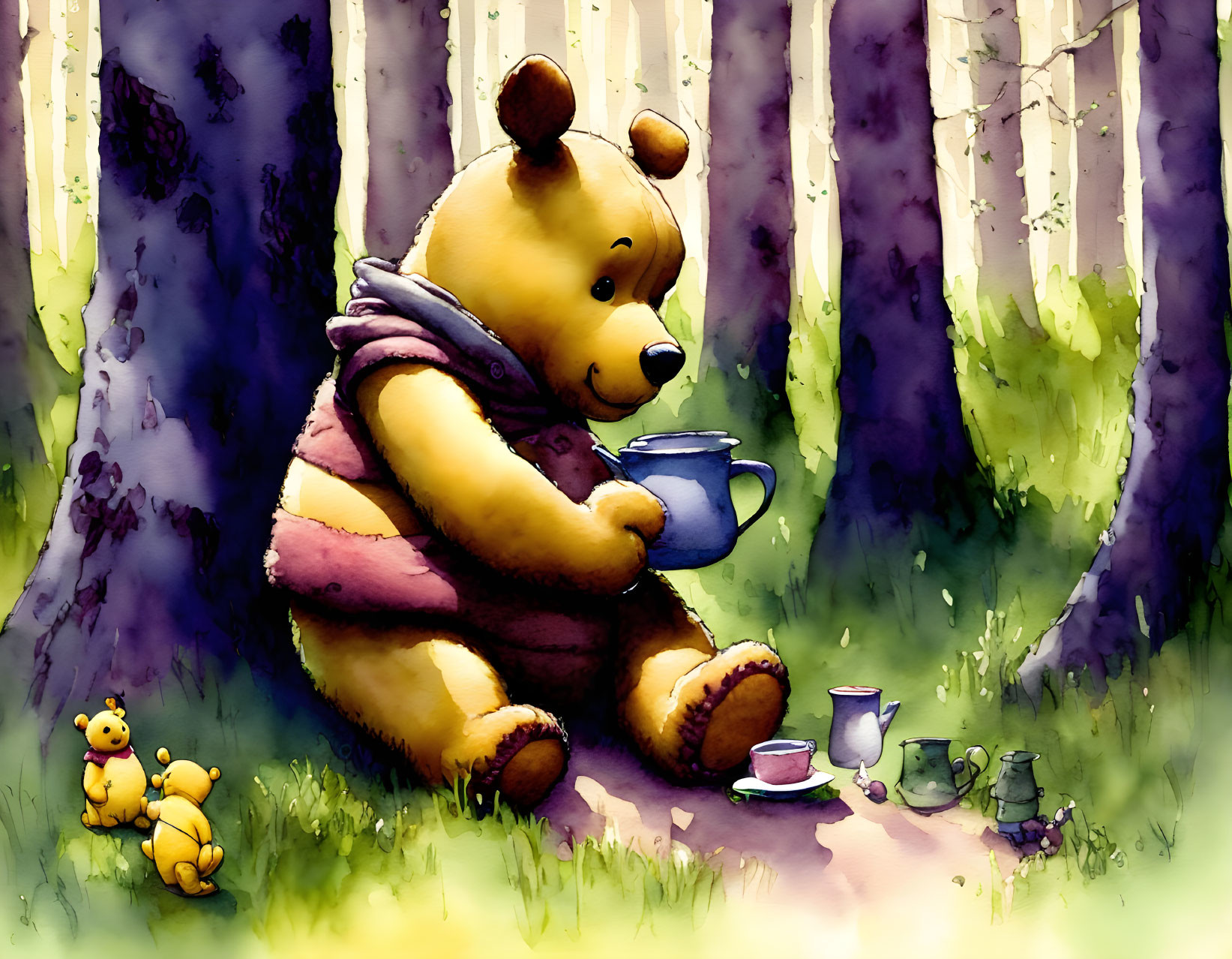 Illustration of Winnie the Pooh with toy bear in forest clearing