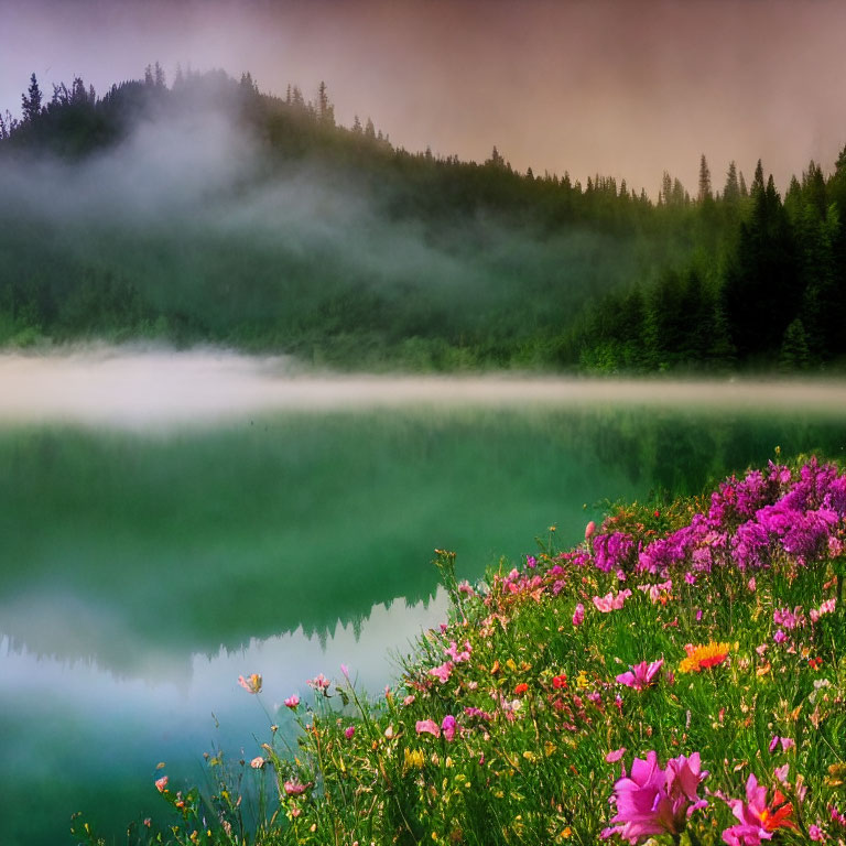 Tranquil lake with mist, lush hills, wildflowers, colorful sky