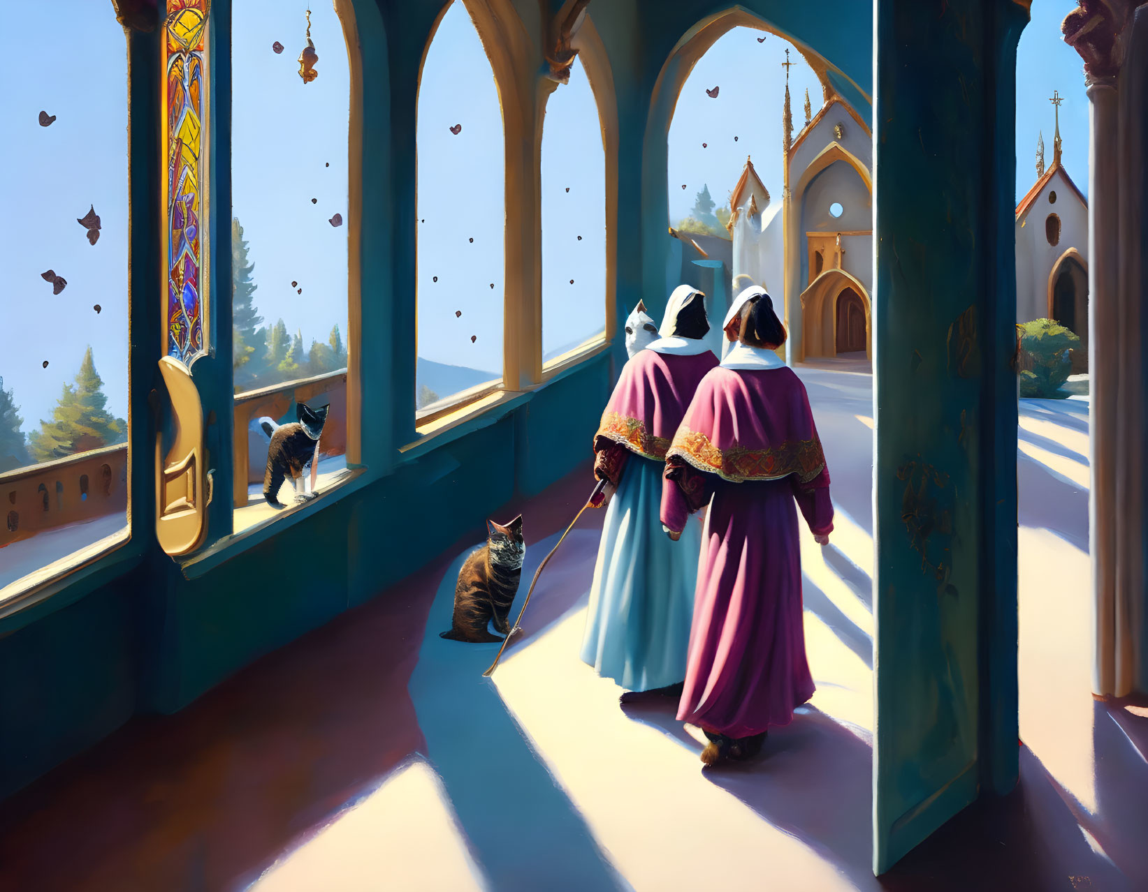 Three robed figures, two cats in sunlit arched corridor overlooking distant church.
