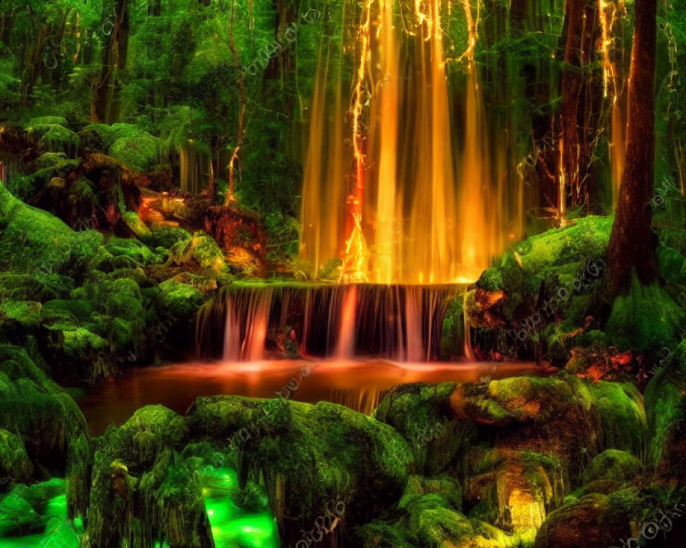 Ethereal forest with vibrant green moss and serene waterfall