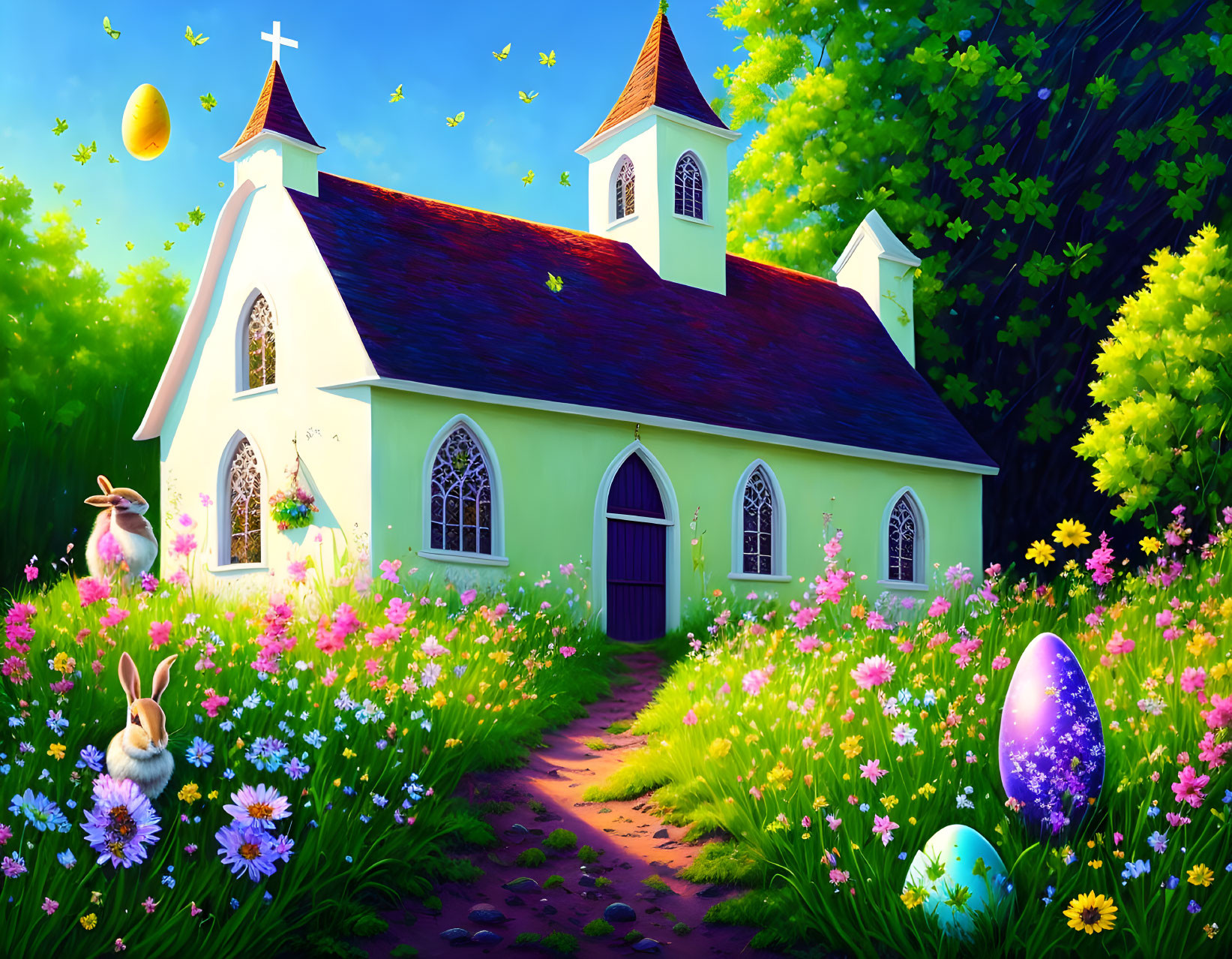 Colorful countryside church illustration with flowers, Easter eggs, bunny, and blue sky