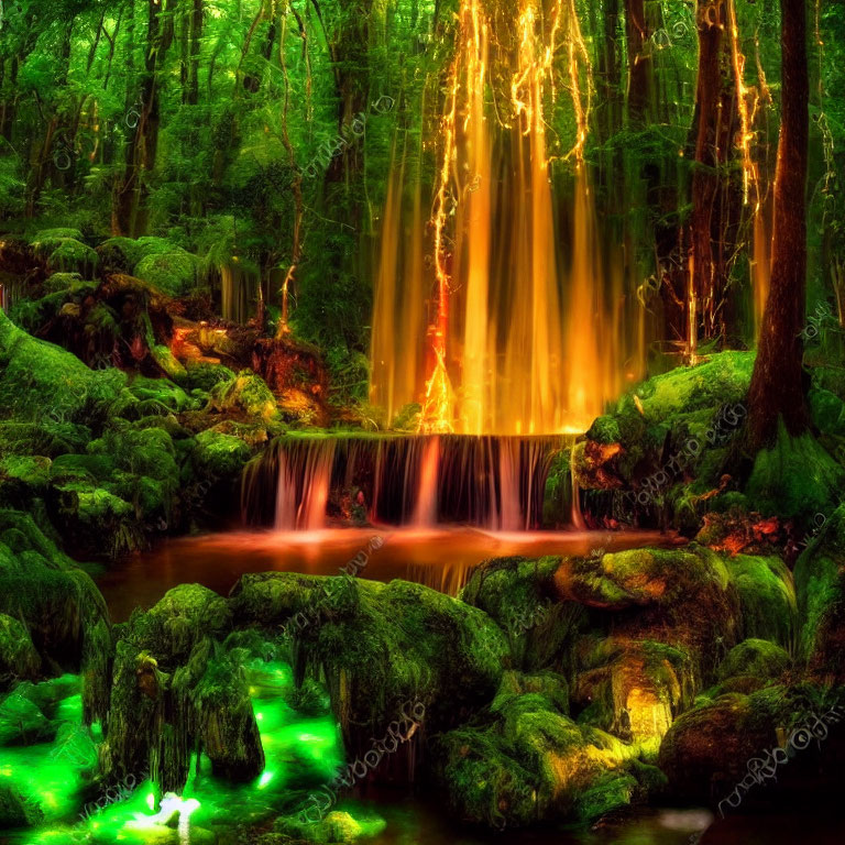 Ethereal forest with vibrant green moss and serene waterfall