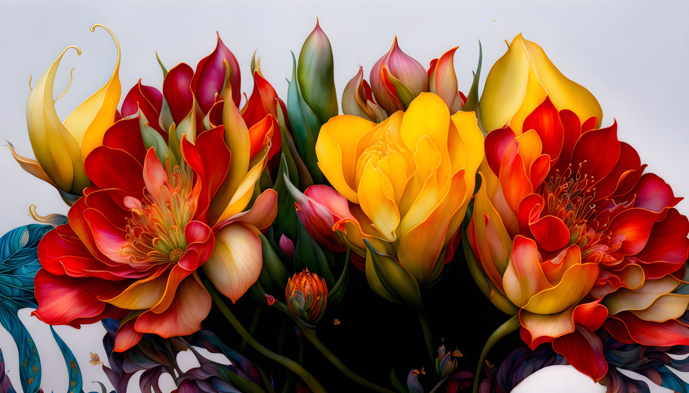 Colorful Stylized Flower Bouquet with Rich Reds and Yellows on Pale Background