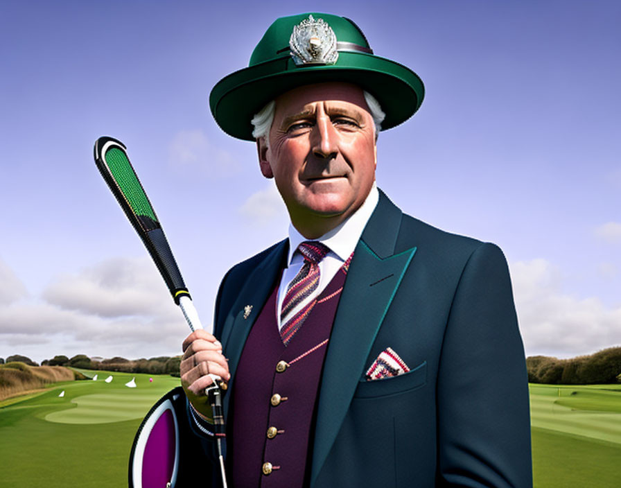 Traditional golfer in green cap with club on golf course under blue sky