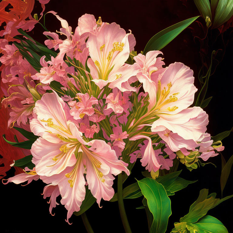 Detailed Pink and White Flowers on Dark Background