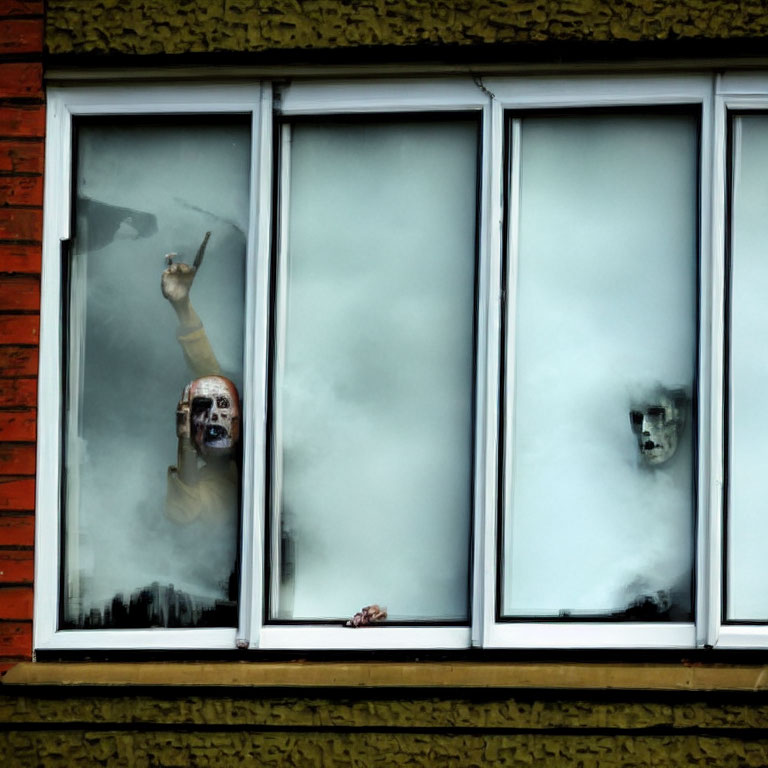 Face-painted person trapped, gesturing through foggy window with handprint.