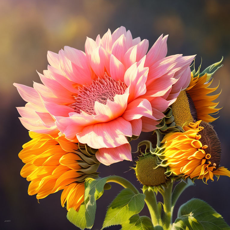 Colorful Pink and Yellow Flower Among Sunflowers on Blurred Background