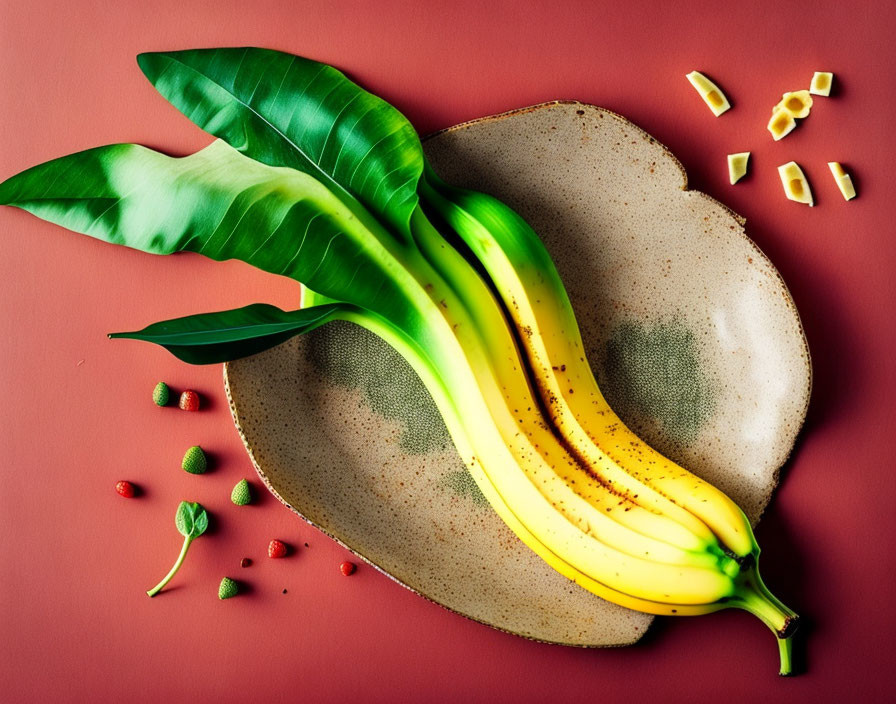 Ripe bananas on speckled plate with green leaves and herbs on maroon background