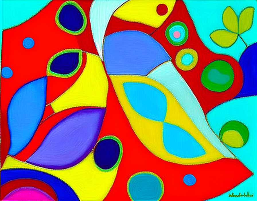 Vibrant Abstract Painting with Interlocking Shapes and Dots in Red, Blue, Yellow, and