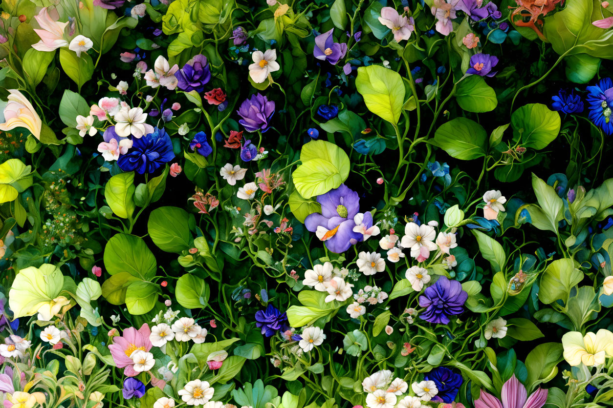 Colorful Flowers and Green Leaves in Dense Garden Arrangement