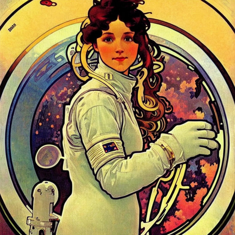 Smiling female astronaut in retro space helmet artwork