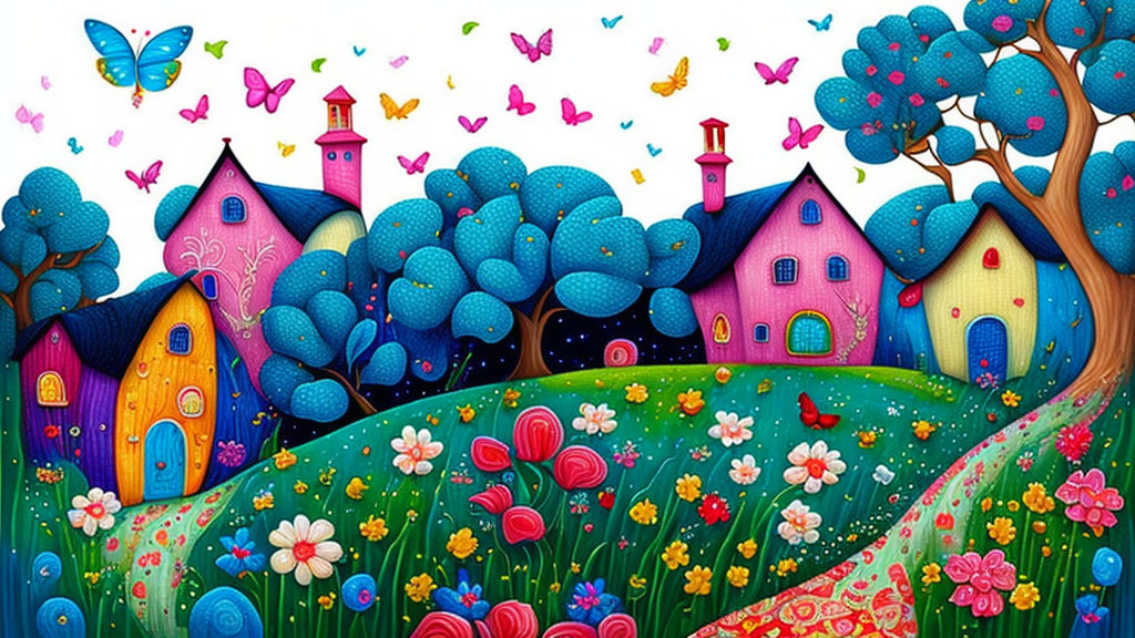 Whimsical houses, blue trees, vibrant flowers, and butterflies in colorful illustration