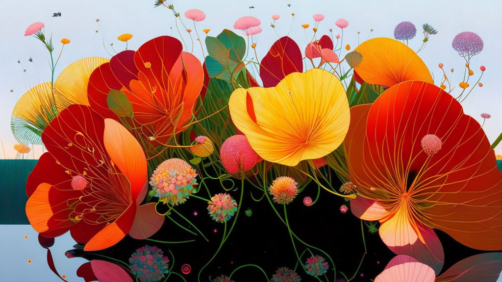 Colorful oversized flower digital artwork on pale sky backdrop