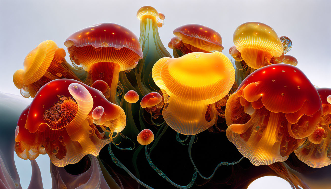 Colorful, detailed jellyfish with glowing bodies and tentacles