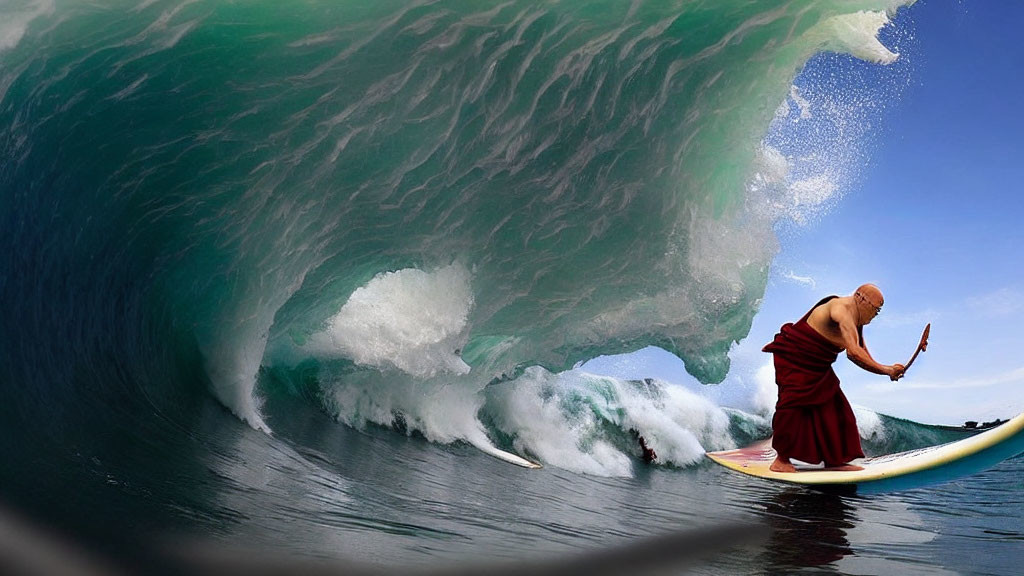 Monk in robes surfing giant wave with handheld device