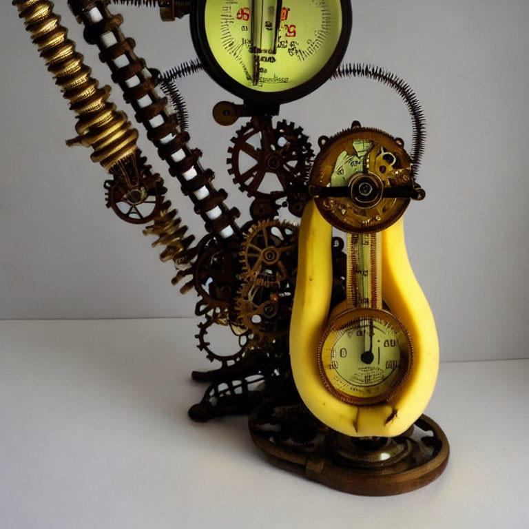 Steampunk-inspired yellow banana sculpture with gears and dials.