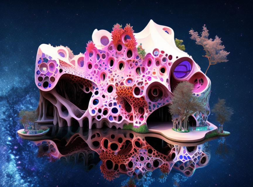 Whimsical organic structure with pink coral-like textures near reflective water and trees.