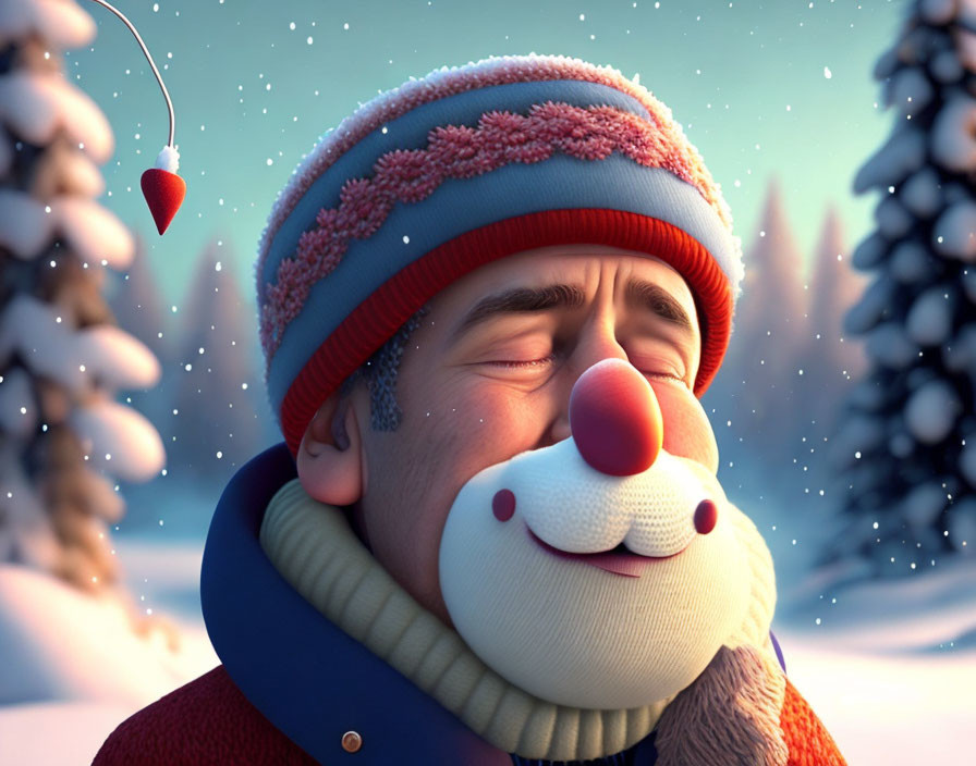 Animated character in winter attire smiling with snowy background