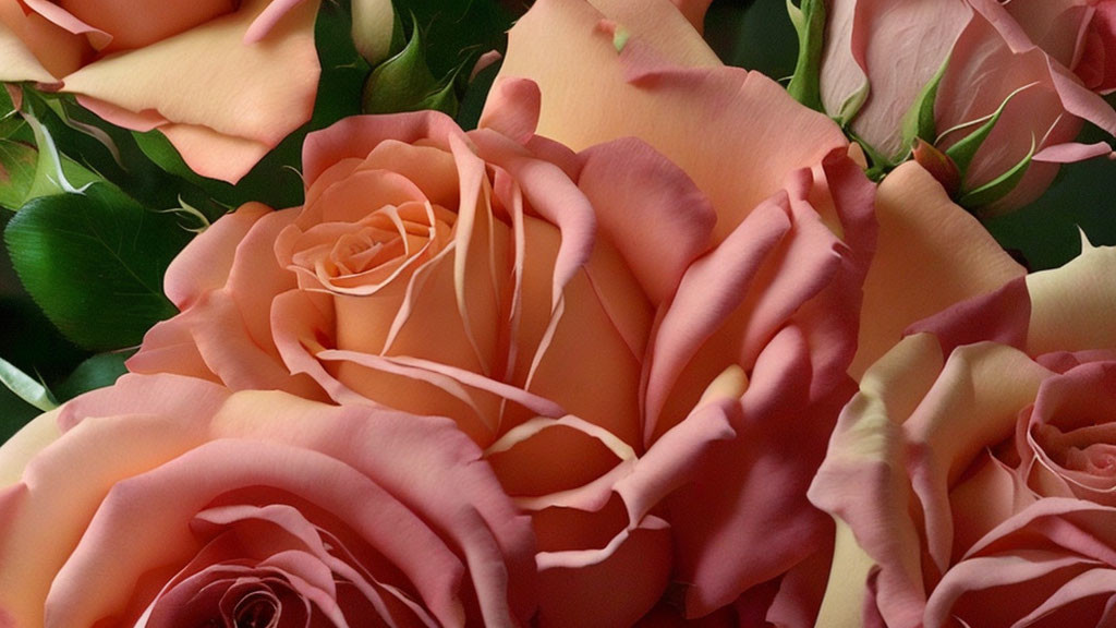 Pink roses bouquet with peach and yellow petals close-up.