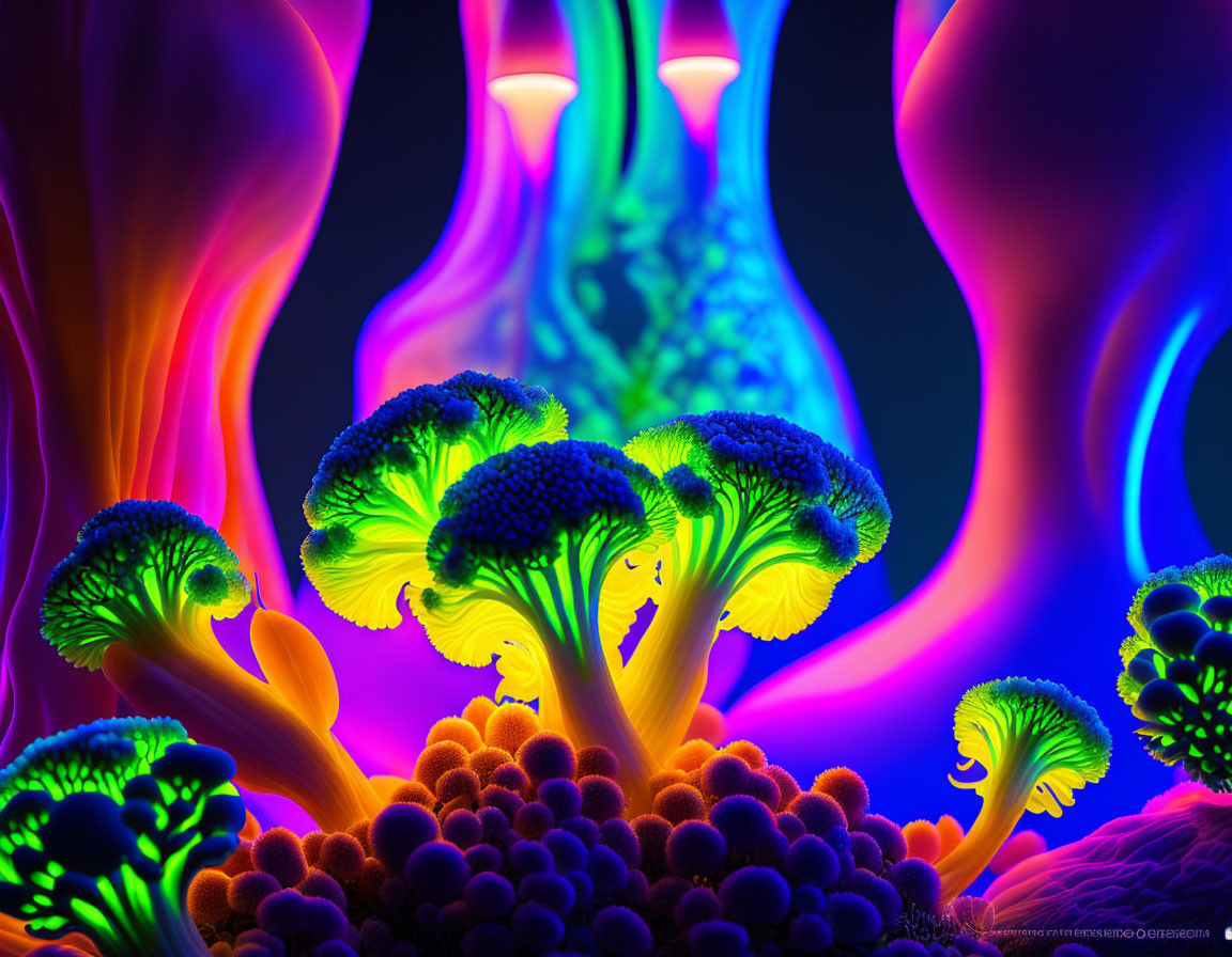 Colorful digital art: Broccoli trees in alien forest with neon glow