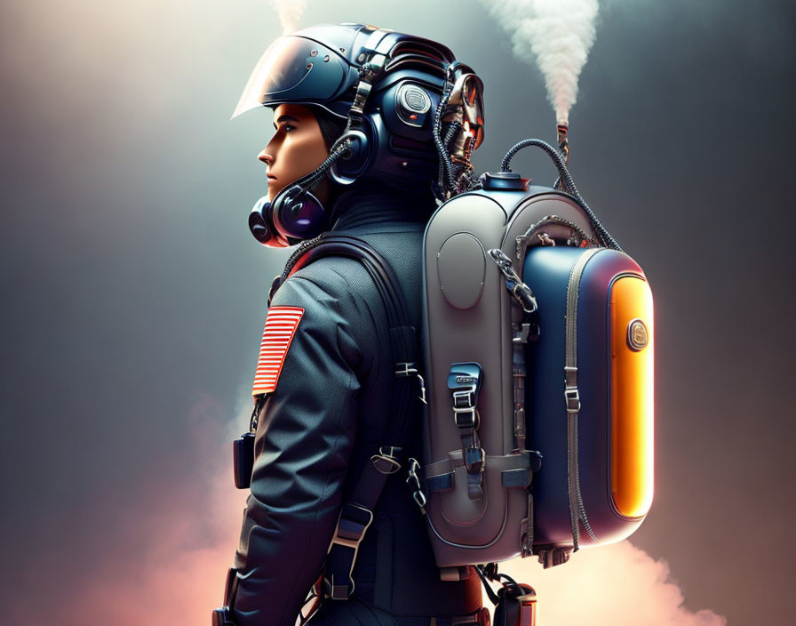 Futuristic person in jetpack suit against gradient background