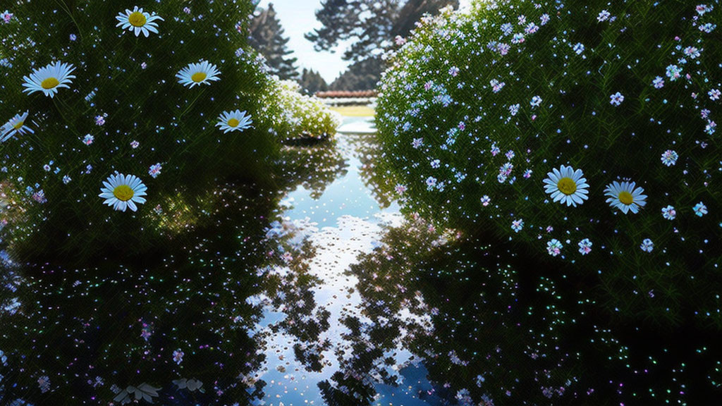 Tranquil daisies and greenery mirrored on water under blue sky