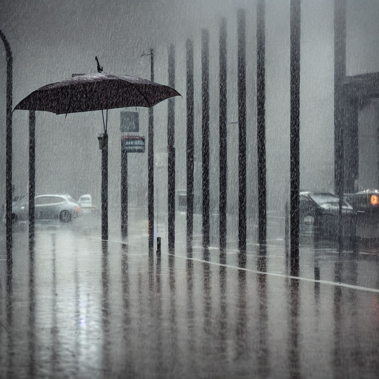 City street scene: person with umbrella, cars, and reflections in heavy rain