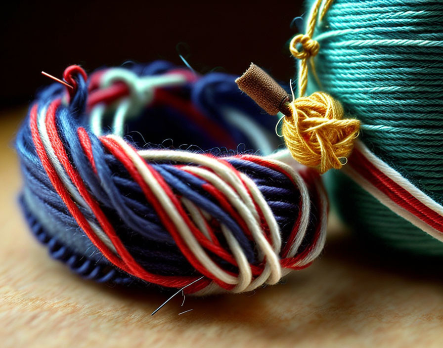 Vibrant thread bracelets and teal spool showcasing intricate textures and intertwining.