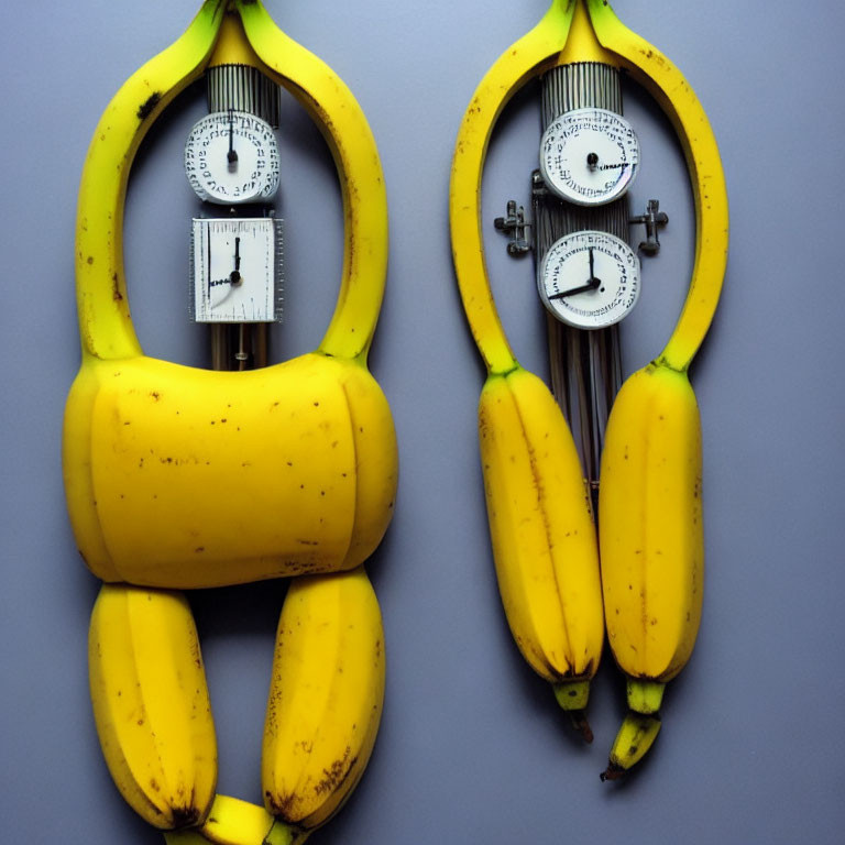 Symmetrical Banana Bunches with Kitchen Timers on Blue Background