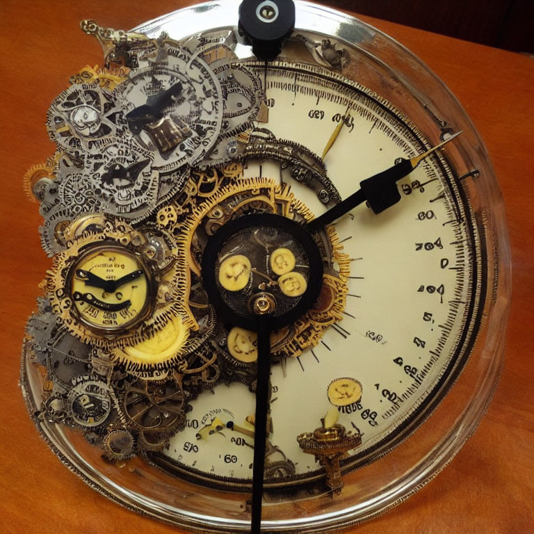 Steampunk-themed clock with exposed gears and dials on wooden surface