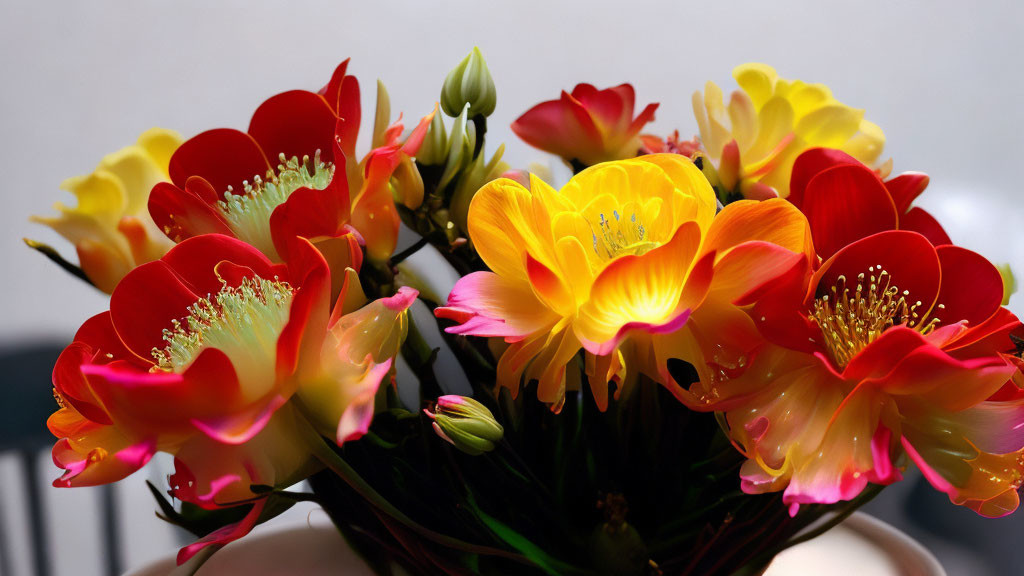 Colorful red and yellow flower bouquet with distinct stamens and buds on blurred backdrop