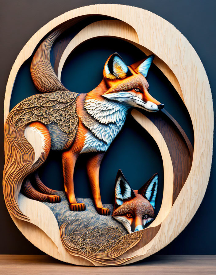 Intricate Wooden Fox Sculpture in Layered Oval Frame