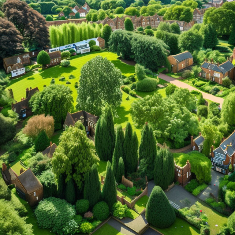 Lush green suburban neighborhood with manicured lawns, diverse trees, and gardens