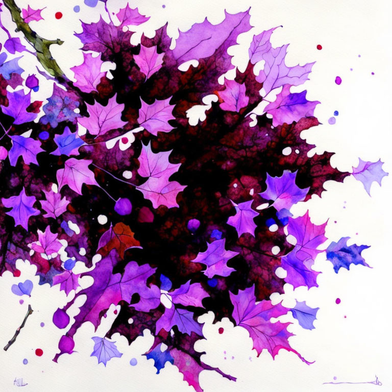 Colorful Watercolor Painting of Purple and Magenta Maple Leaves on White Background