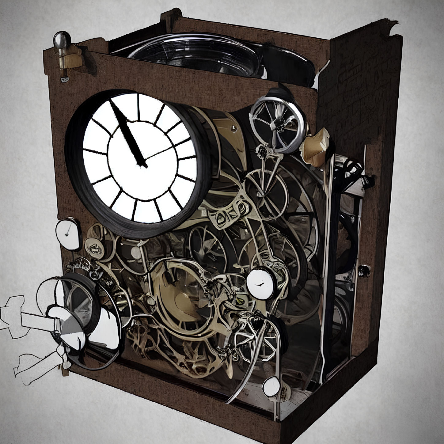 Detailed Cutaway View of Complex Wooden Clock Mechanism