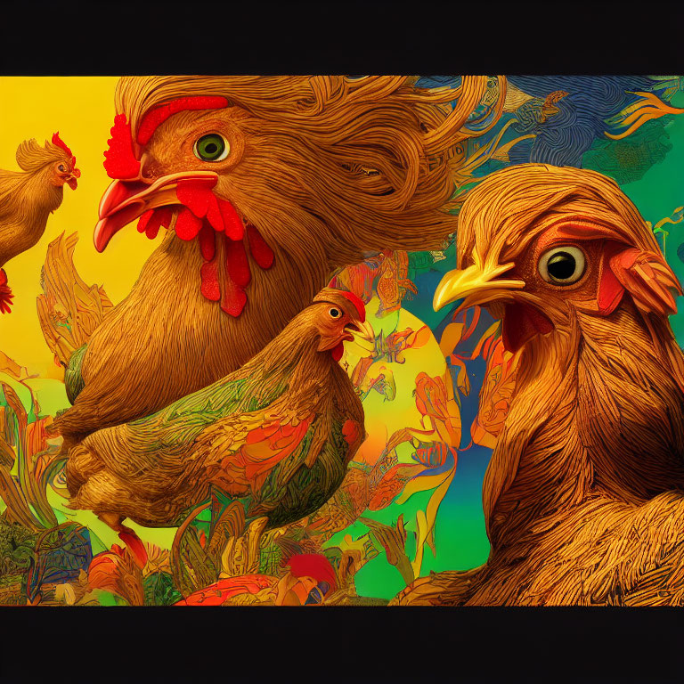 Detailed illustration of expressive chickens with intricate feather patterns on a vibrant background