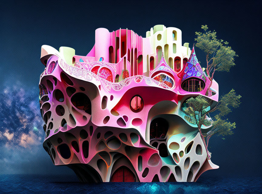 Colorful Surreal Architectural Structure with Organic Shapes and Holes