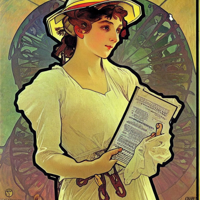 Vintage White Dress Woman Reading Newspaper in Art Nouveau Background