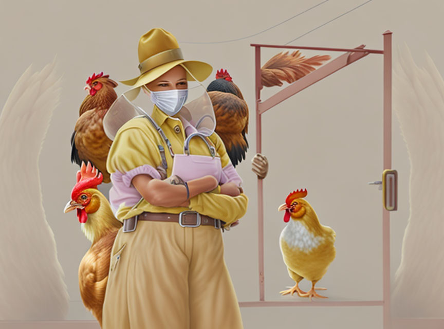 Beekeeper in hat with clipboard among chickens and door