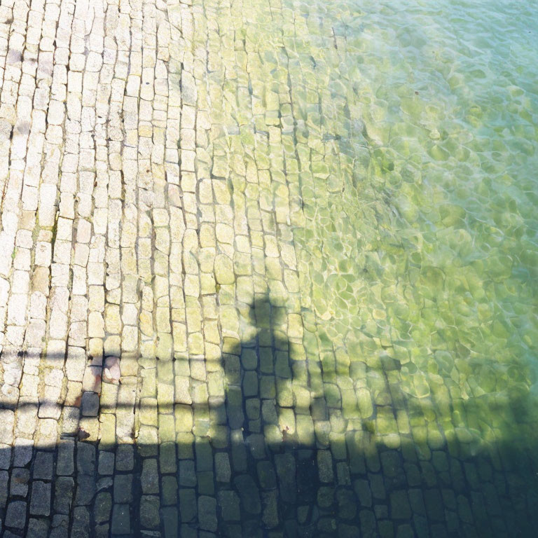 Cobblestone pavement by water with person's shadow.