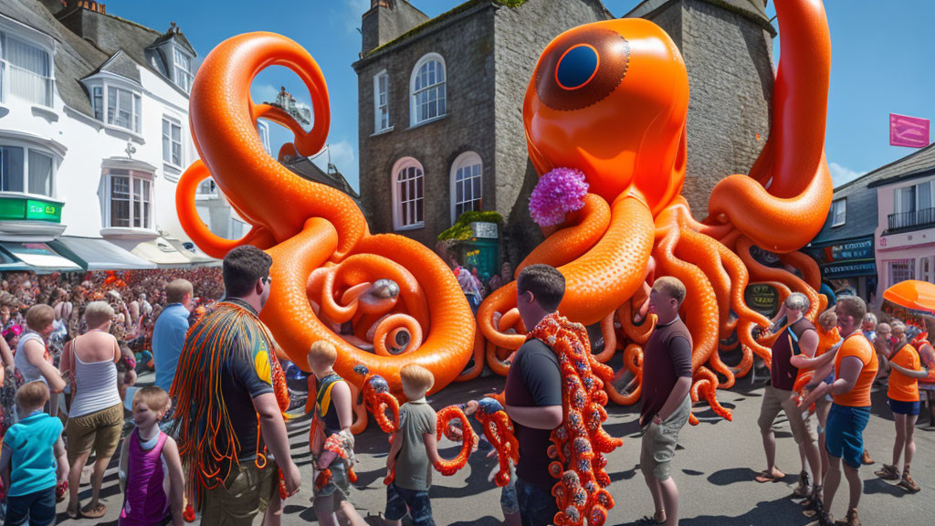 Giant Inflatable Octopus Over Crowd in Outdoor Setting