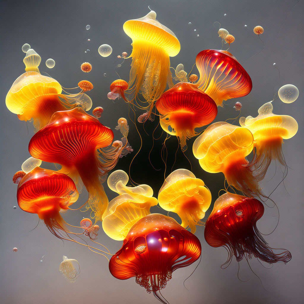 Colorful red and orange jellyfish on grey background