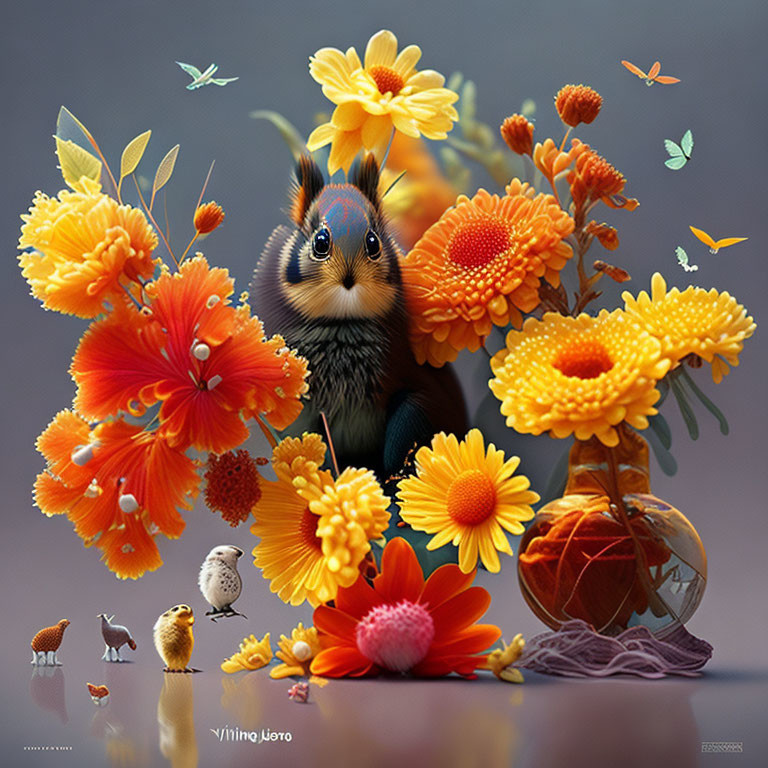 Rabbit with Butterfly Wings Surrounded by Vibrant Flowers