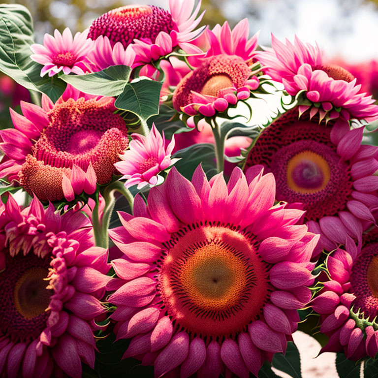 Bright pink sunflowers with dark centers in full bloom on soft-focused background