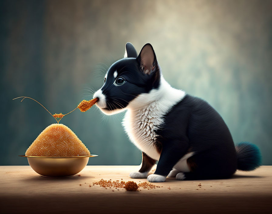 Black and white corgi puppy sniffing golden caviar on table with moody backdrop